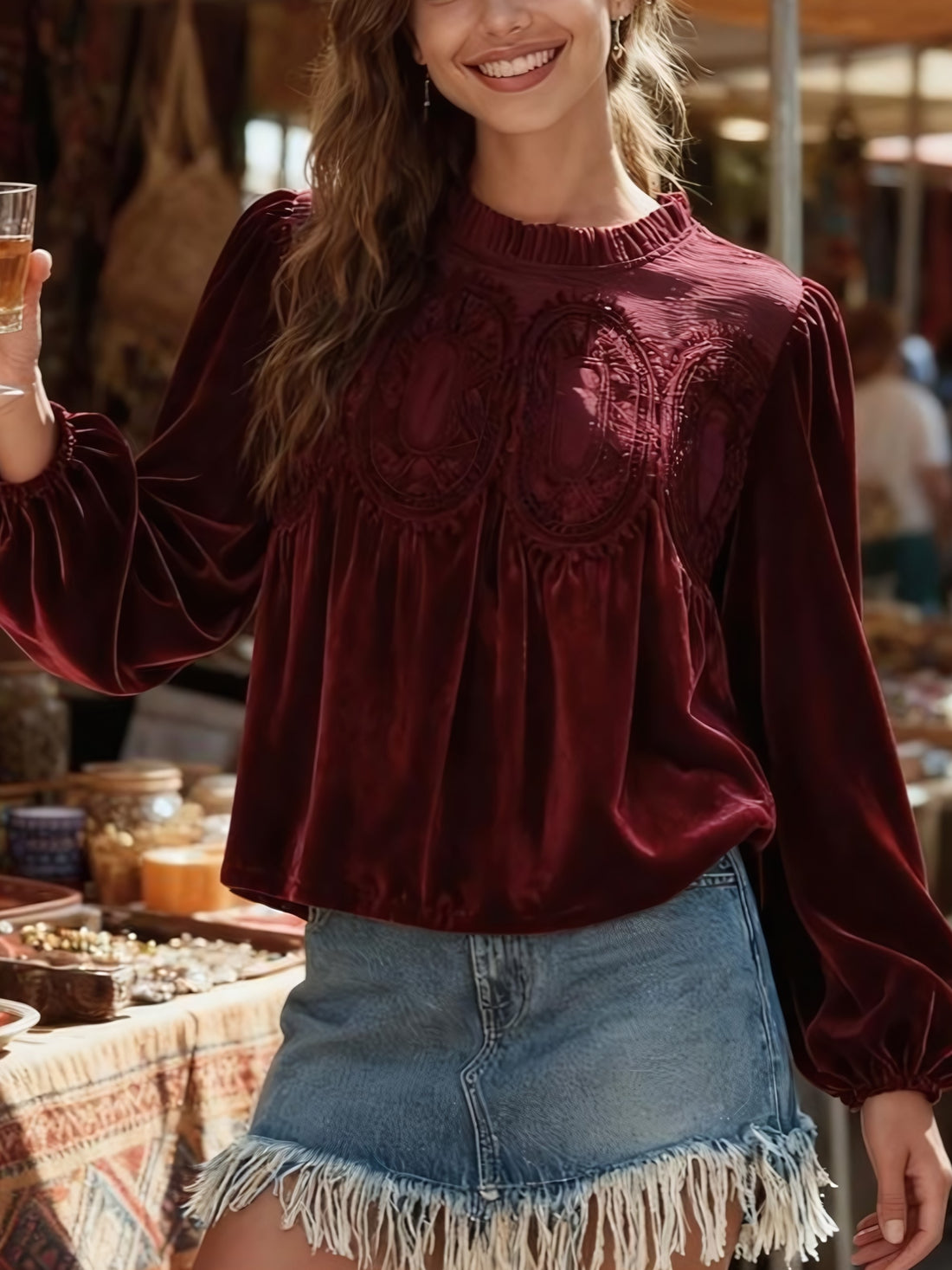 Women's Round Neck Long Sleeve Velvet Trim Lace Blouse