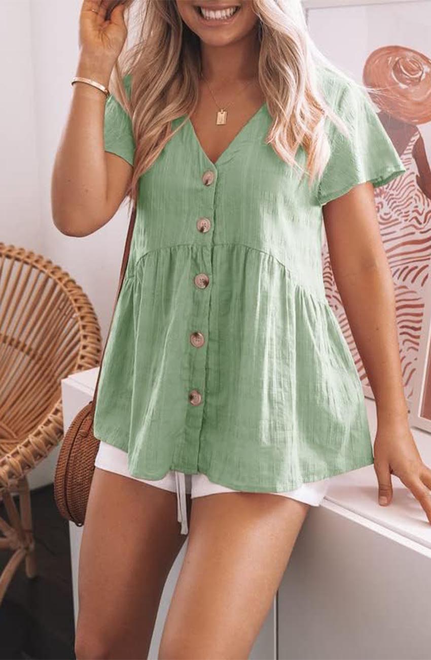 Women Ruffle Hem Short Sleeve Button Down Shirt Casual Tops