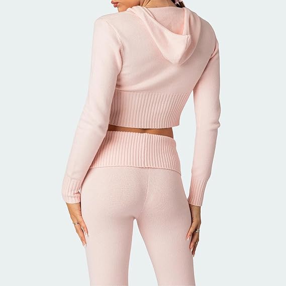 Women's Ribbed Knit Outfits Long Sleeve Zip Up Hooded Sweater Set