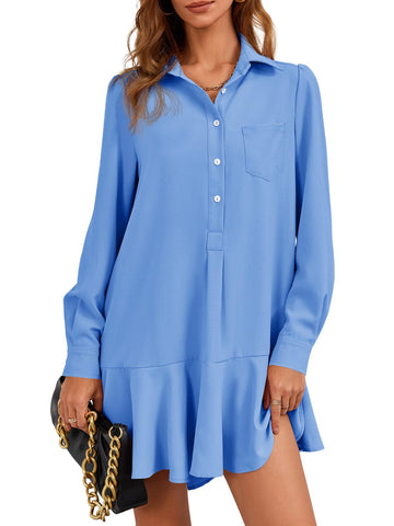 Womens Casual Button Down Shirt Dress Long Sleeve Collared Pleated Swing Mini Dresses