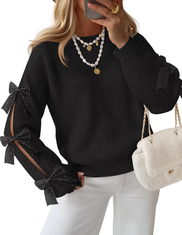 Women's Crewneck Oversized Bow Sweaters Knit Pullover