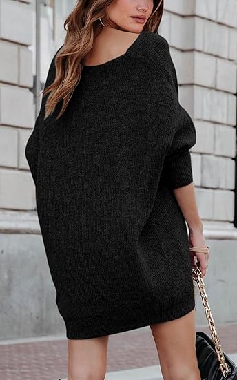 Women's Pullover Sweater Dress Casual Long Sleeve Ribbed Knit V Neck Loose Oversized Sweater Dress