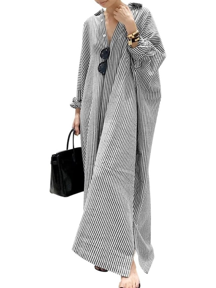 Women's Casual Button Down Loose Striped Cotton Maxi Shirt Dress