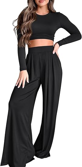 Women's 2 Piece Lounge Sets Fall Long Sleeve Crop Tops Outfits Wide Leg Pants Tracksuits