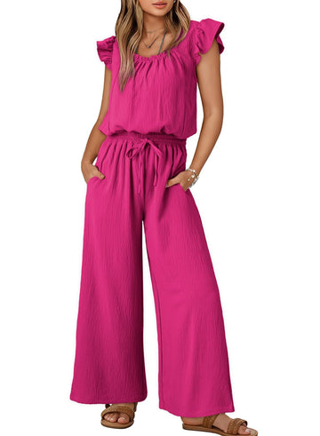 Summer Women's Summer Ruffle Sleeves Square Neck Drawstring Overalls with Pockets