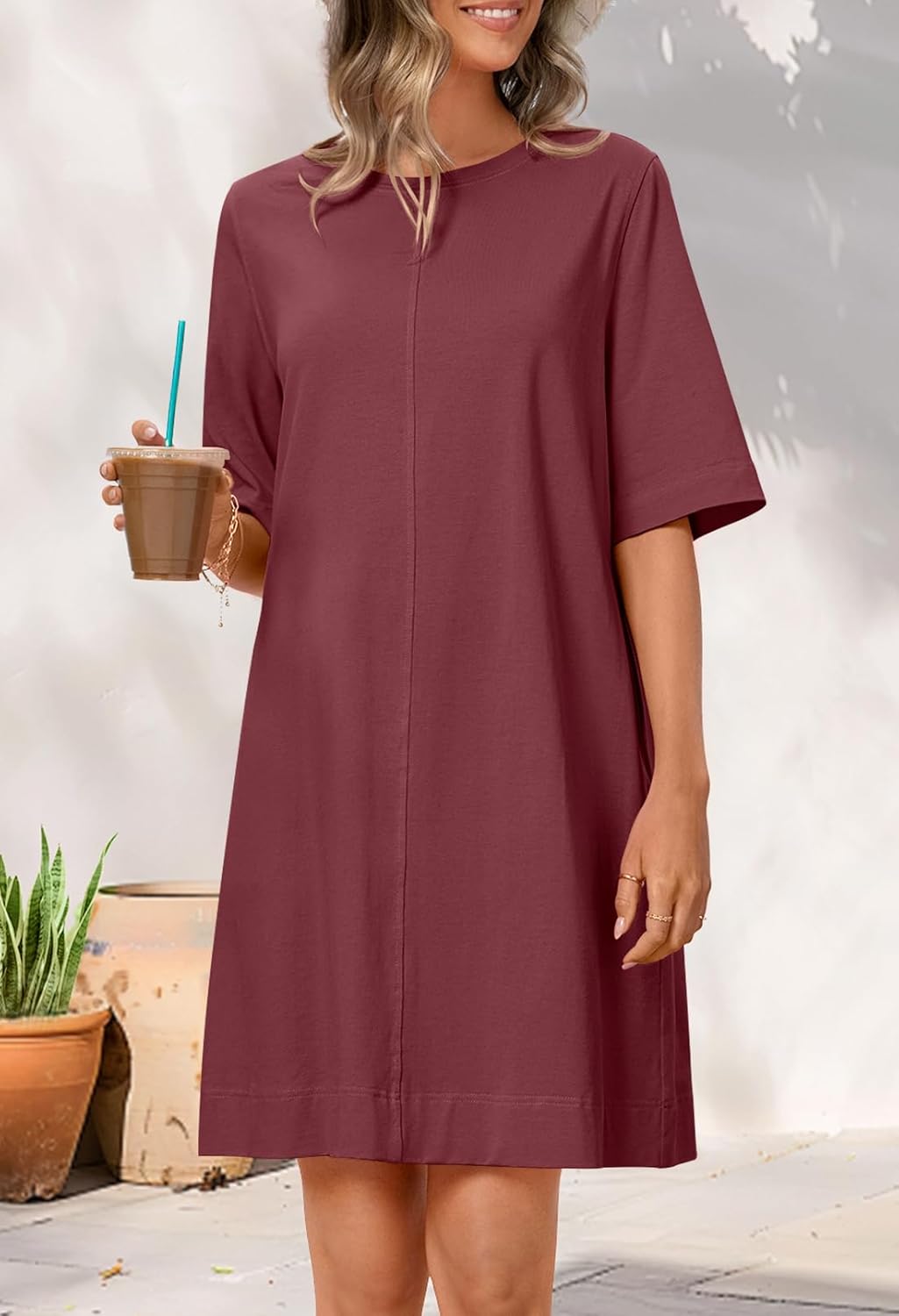 Women's Summer Short Sleeve Crewneck T-shirt Dress with Pockets
