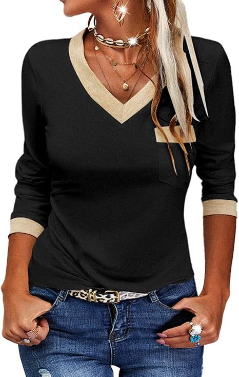 Women's Long Sleeve T Shirts Casual V Neck Color Block Tunic Tops Loose Basic Top