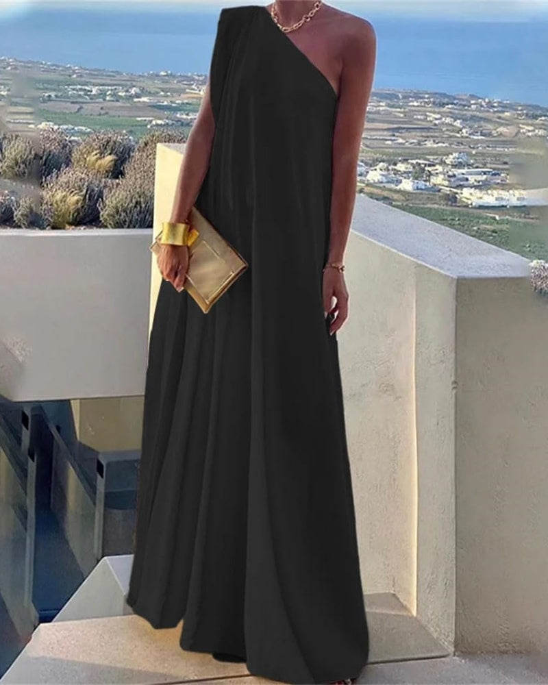 Women's Summer Asymmetric Solid Color Slit One Shoulder Maxi Dress