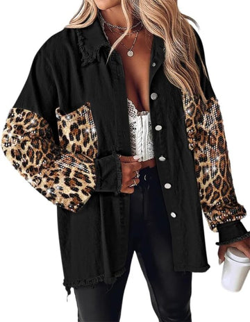 Women's Oversized Leopard Sequin Patchwork Denim Jacket