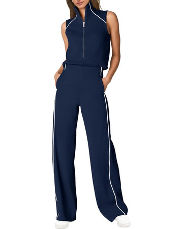 Women's Summer Sleeveless Stand Collar Jumpsuit with Pockets