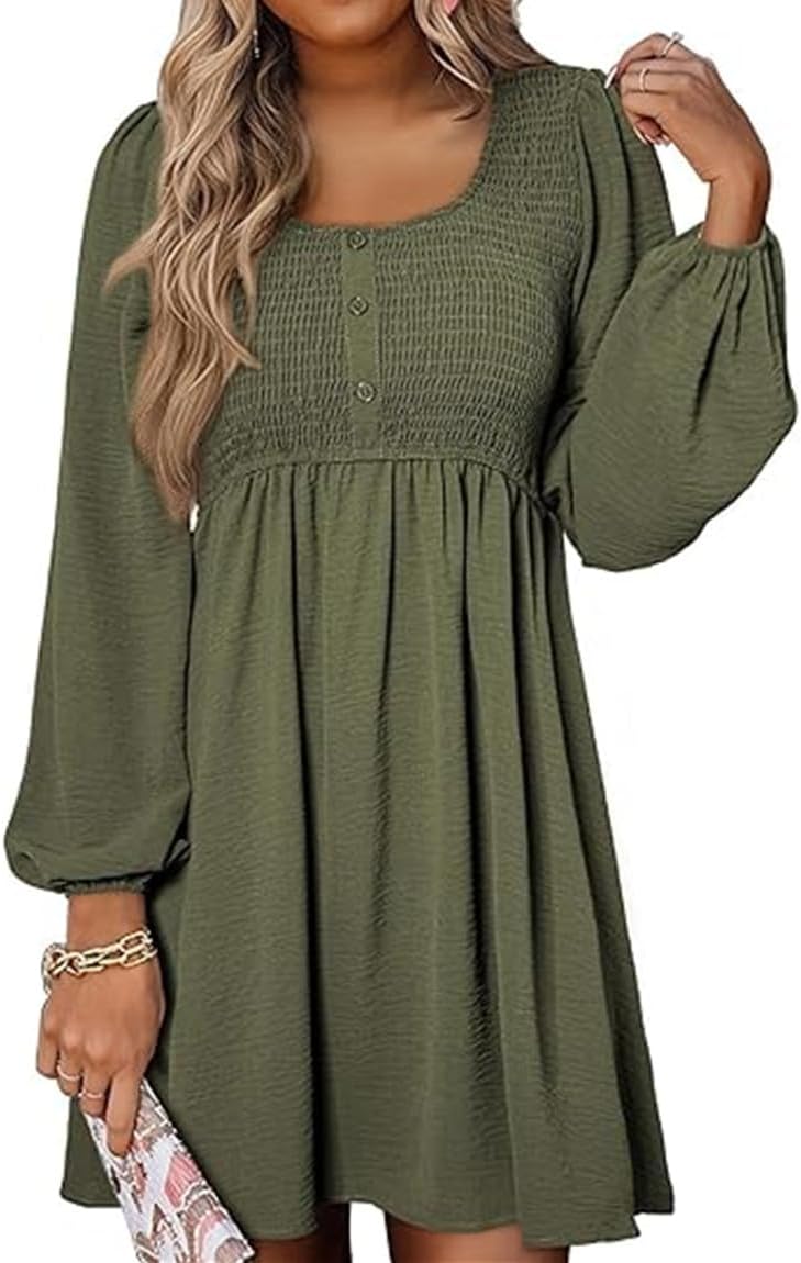 Women's Round Neck Button Ruffle Dress