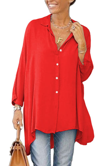 Womens Oversized  V Neck Collar T Shirts Button Down Long Sleeve Shirt