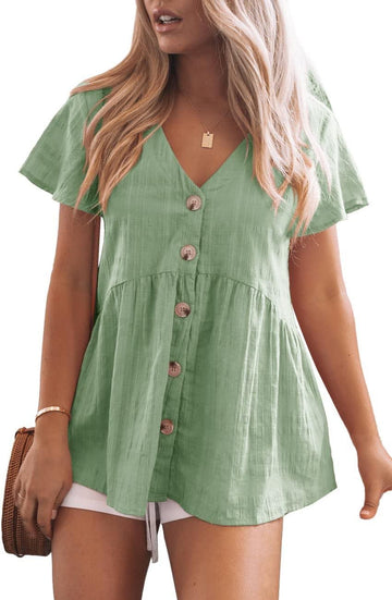 Women's Ruffle Hem Short Sleeve Button Down Shirt Casual Tops