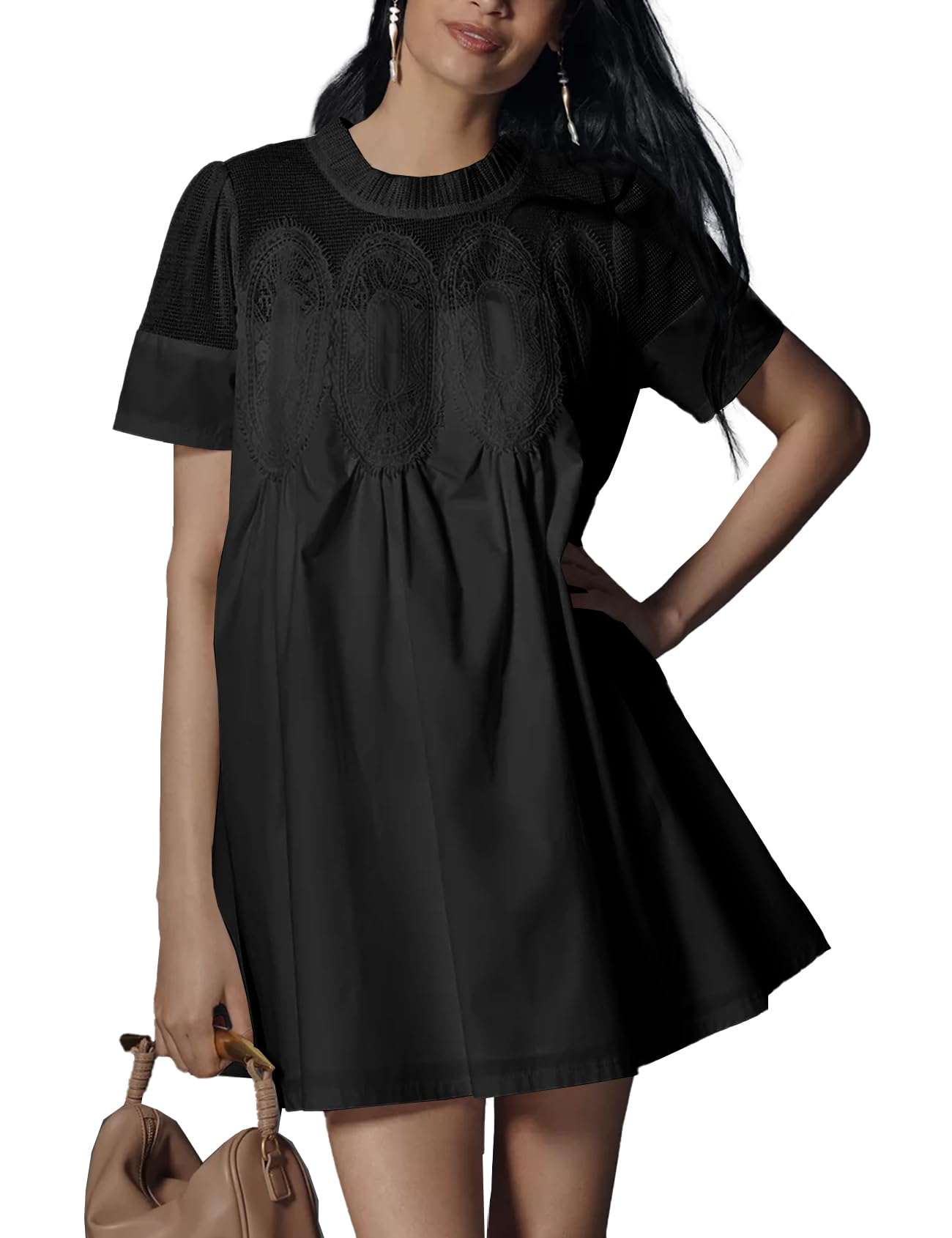 Womens Babydoll Lace Patchwork  Ruffle Sundress Loose Crew Neck A-Line Dresses