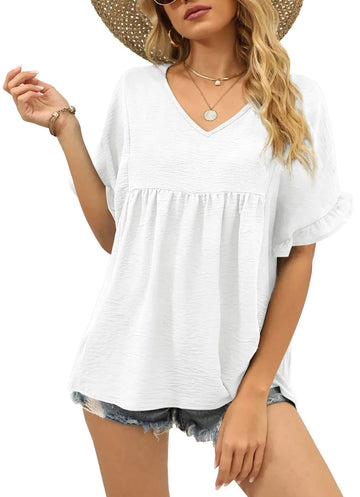 Womens Tops Casual V Neck Ruffle Sleeve T Shirts Babydoll Loose Fit Peplum Tops