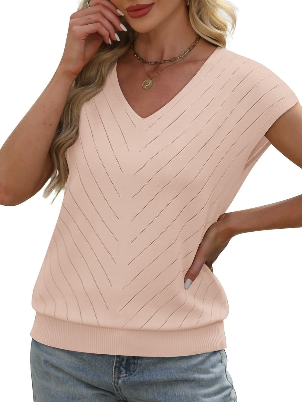 Women's V Neck Hollow Crochet Short Sleeve Knitted Light Sweater