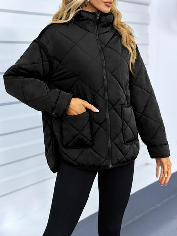 Womens Quilted Hooded Long Sleeve Zip Up Puffer Jacket Lightweight Warm Jackets with Pockets