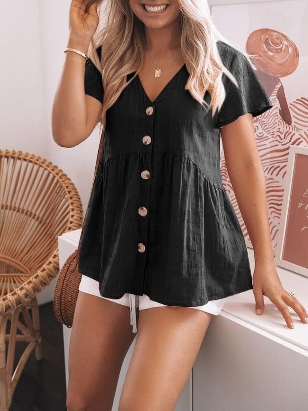 Women's V Neck Button Down Ruffle Hem Short Sleeve Babydoll Peplum Tops