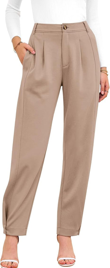 Women's Down Elastic High Waist Business Work Trousers Long Straight Slacks With Pockets