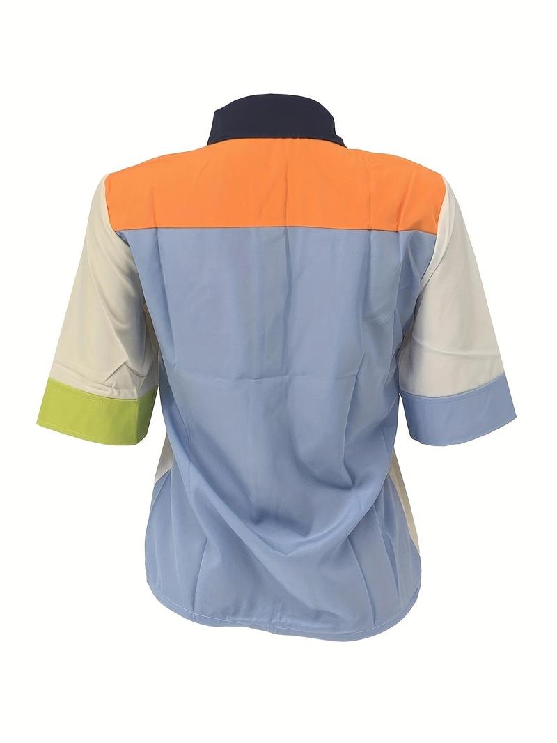 Women's Colorblock Pocket Button Shirt Short Sleeve
