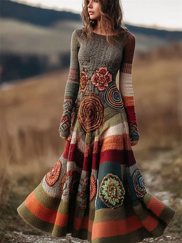 Vintafe Floral Crochet Colorblock Cozy Maxi Sweater Dress