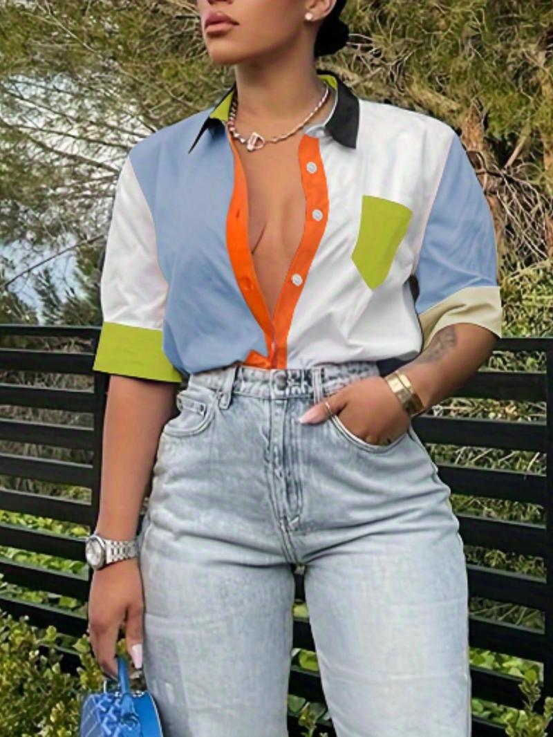 Women's Colorblock Pocket Button Shirt Short Sleeve