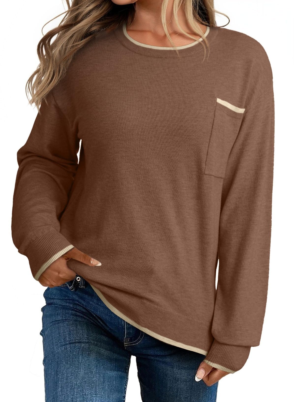 Womens Casual Crewneck Long Sleeve Pullover Sweater with Chest Pocket