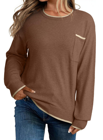 Womens Casual Crewneck Long Sleeve Pullover Sweater with Chest Pocket