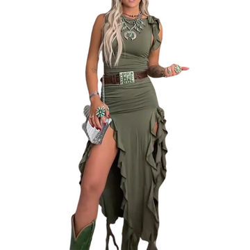 Green Sleeveless Ruffled Slit Dress