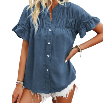 Solid Color Front Pleated Lace Trim Summer Casual Shirt