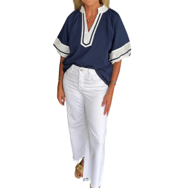 Women's Summer V-Neck Colorblock Loose Top