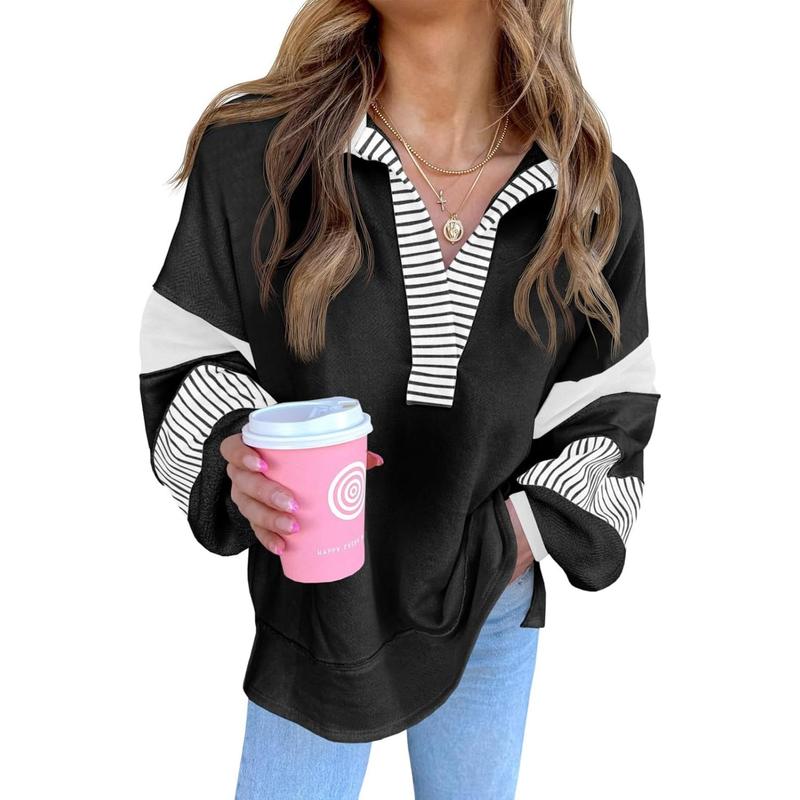 Womens Color Block Oversized Sweatshirt V Neck Casual Loose Pullover Tops