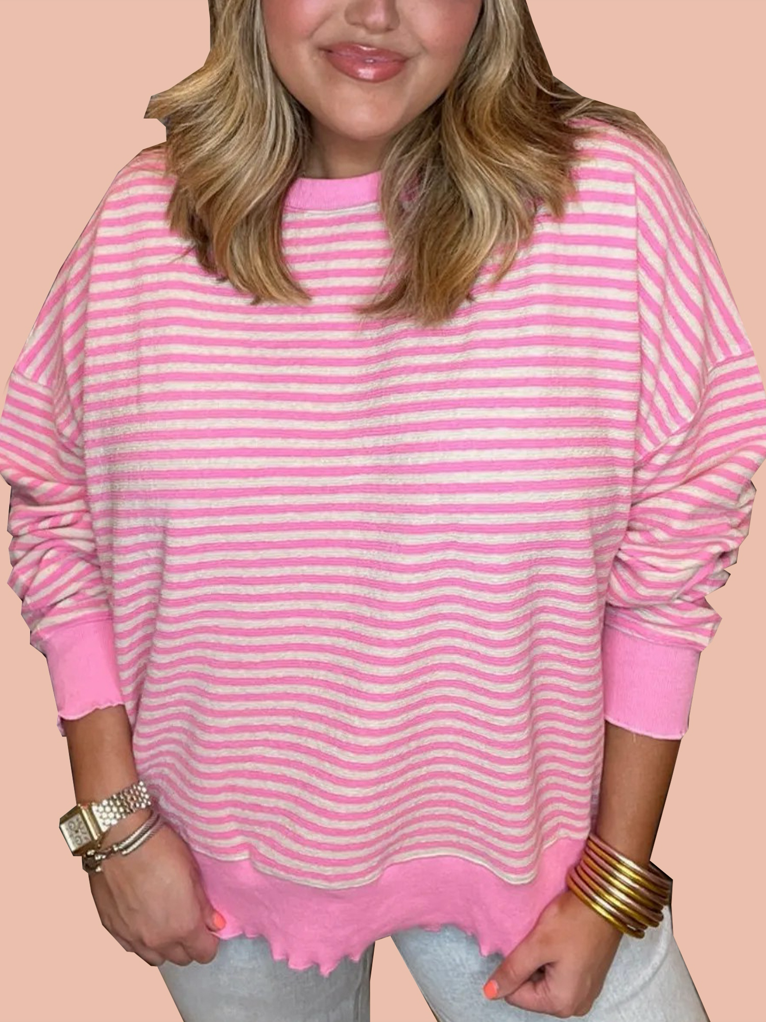 Women's Casual Lettuce Edge Striped Pullover