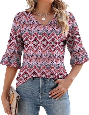 Womens 3/4 Length Sleeve V-Neck Eyelet Casual Ruffle Sleeve Tunic Blouses