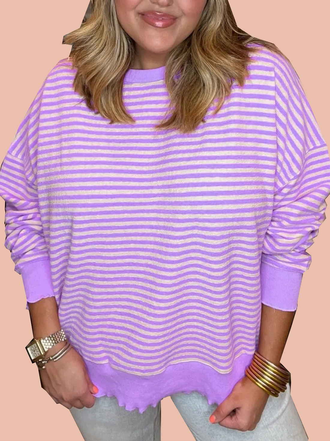 Women's Casual Lettuce Edge Striped Pullover
