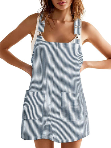 Women's Summer Striped Adjustable Straps Denim Overall Dress with Pockets
