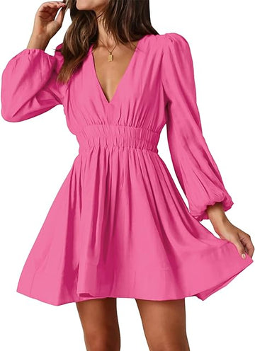 Deep V Long Sleeve A-line High Waisted Casual Flowy Dress