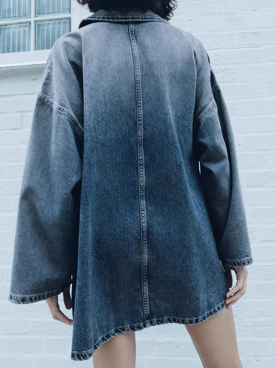 Women's Half-Zip Collared Vintage Loose Denim Dress Long Sleeve Casual Top