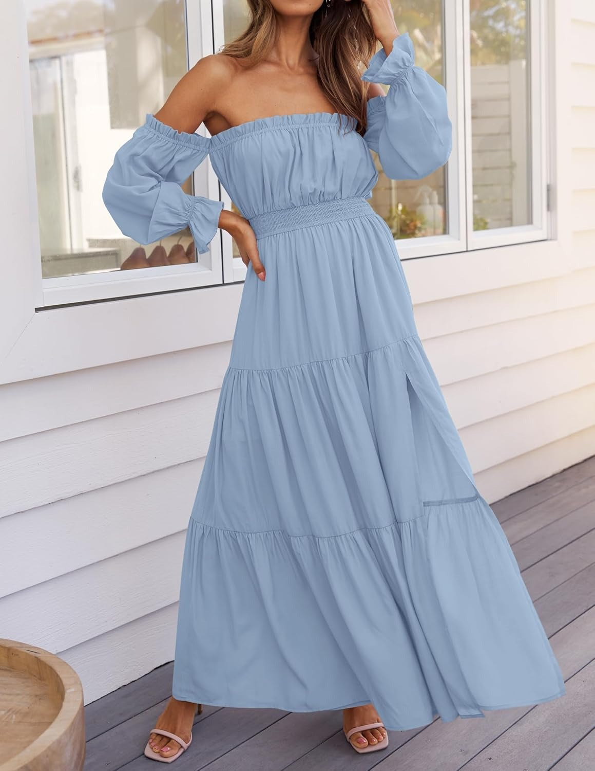 Women's Bohemian Off-the-shoulder Long Sleeve Ruffled Side Slit Maxi Dress