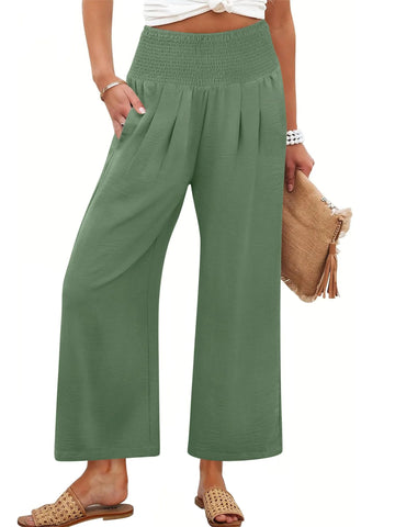 Women's High Waist Elastic Palazzo Pants Flowy Beach Lounge Casual Trousers