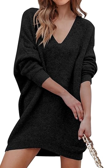 Women's Pullover Sweater Dress Casual Long Sleeve Ribbed Knit V Neck Loose Oversized Sweater Dress
