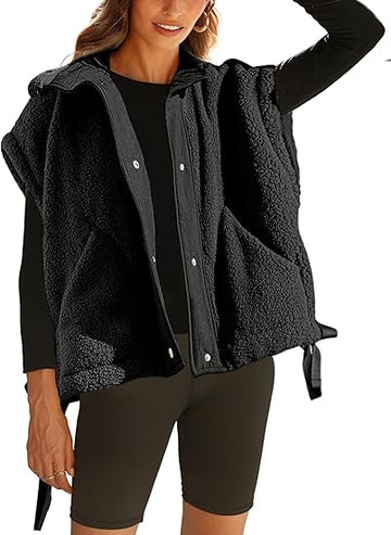 Womens Fleece Vest Casual Sleeveless Button Down Sherpa Jacket Outerwear With Pockets