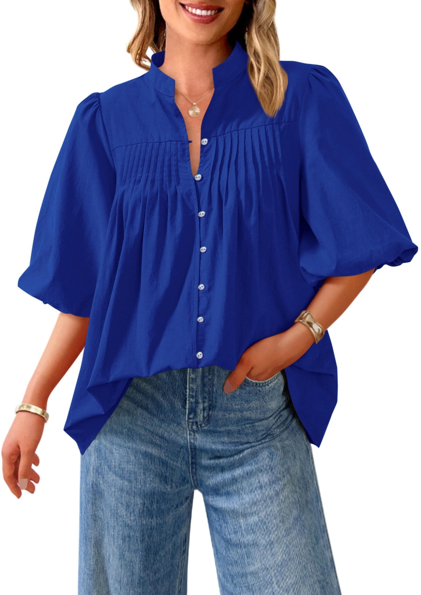 Women's Short Lantern Sleeve Button Down Shirt Pleated V Neck Blouses
