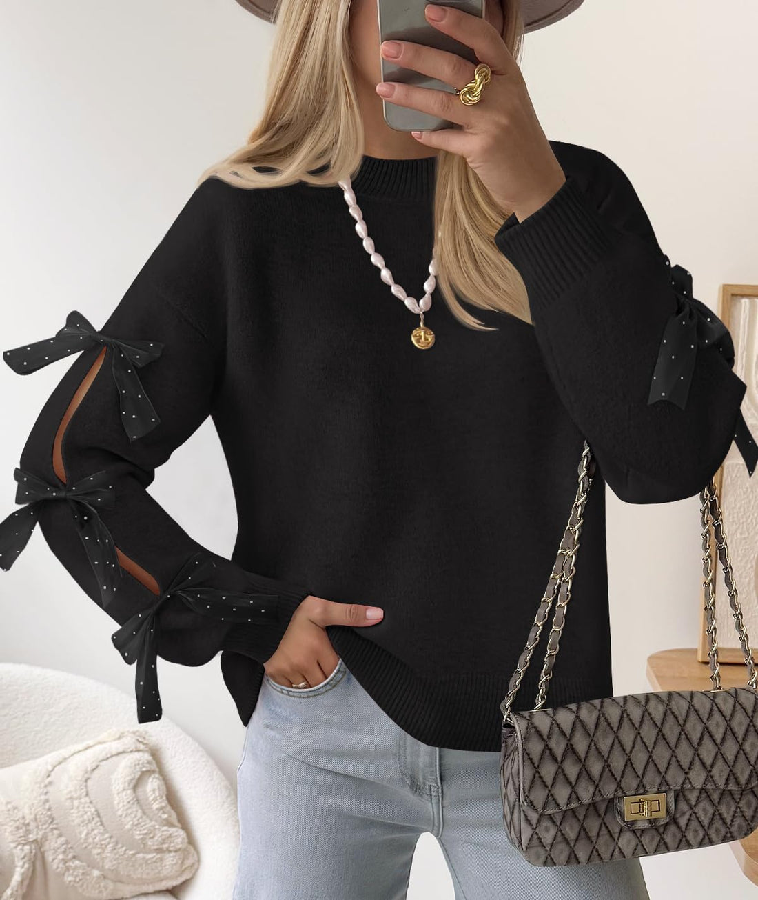 Women's Crewneck Oversized Bow Sweaters Knit Pullover