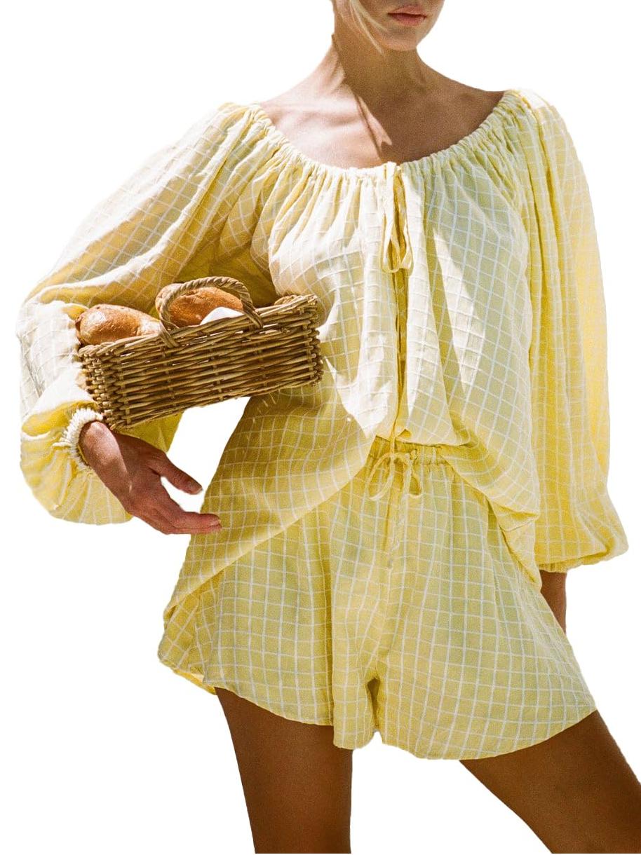 Women's Plaid Puff Sleeve Long Sleeve Top Shorts Two-piece Set