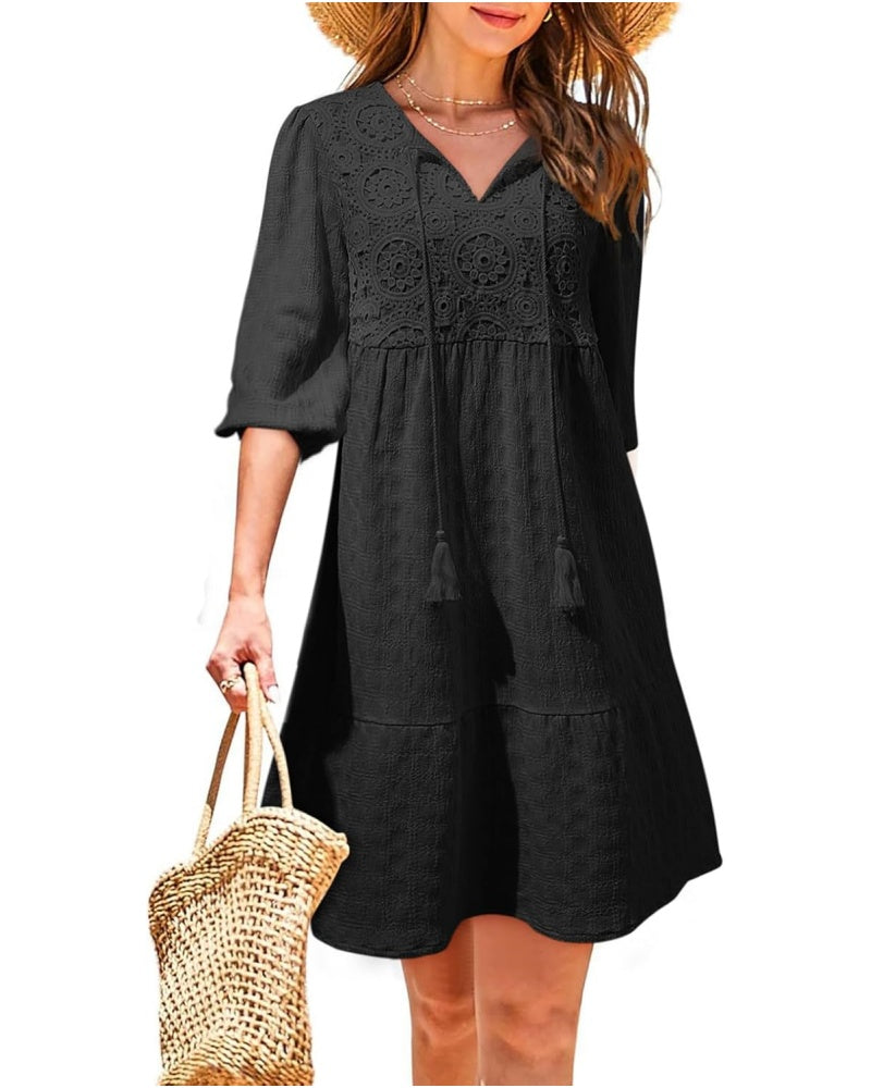 Women's Summer V Neck Drawstring Embroidery Half Sleeve Mini Dress