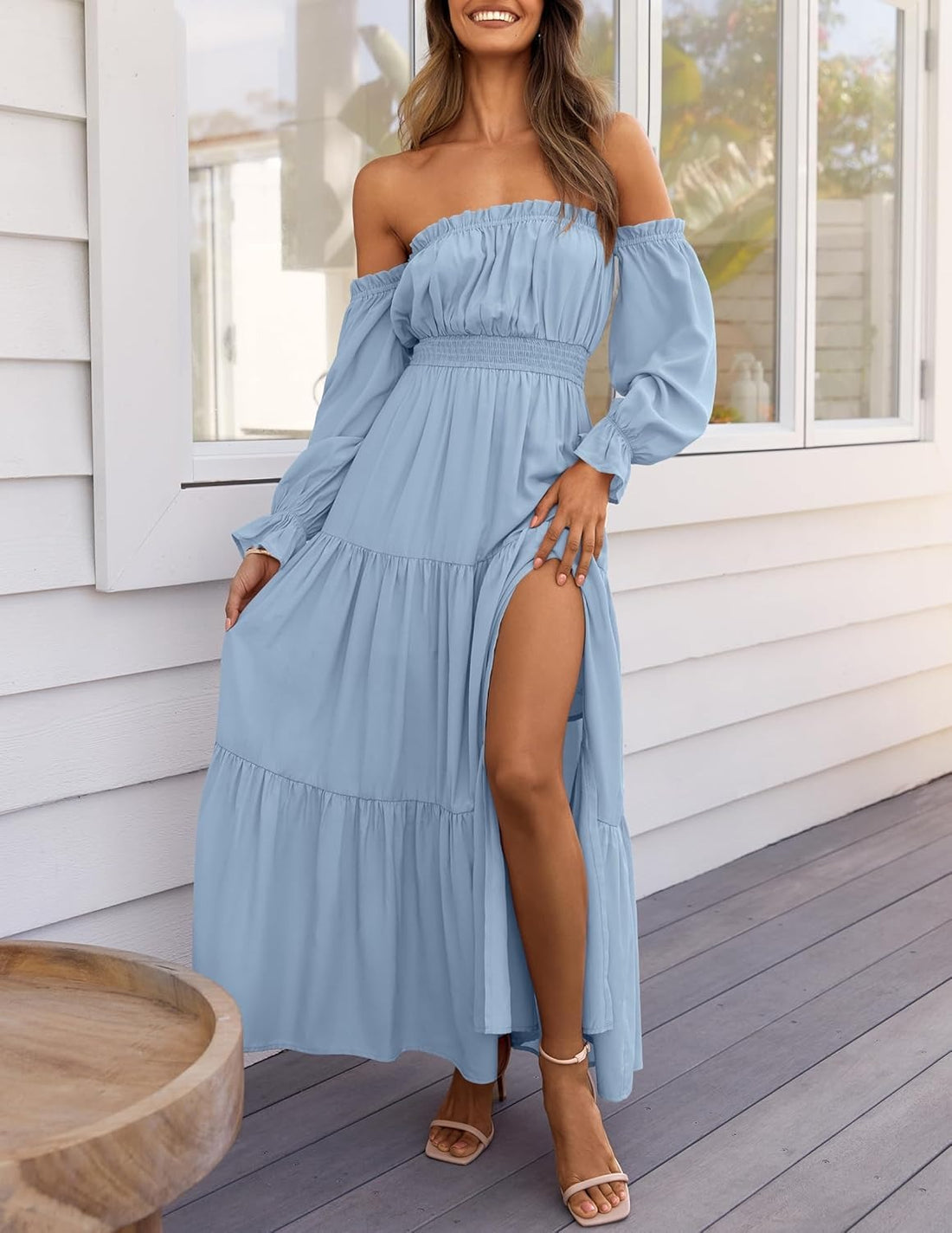 Women's Bohemian Off-the-shoulder Long Sleeve Ruffled Side Slit Maxi Dress