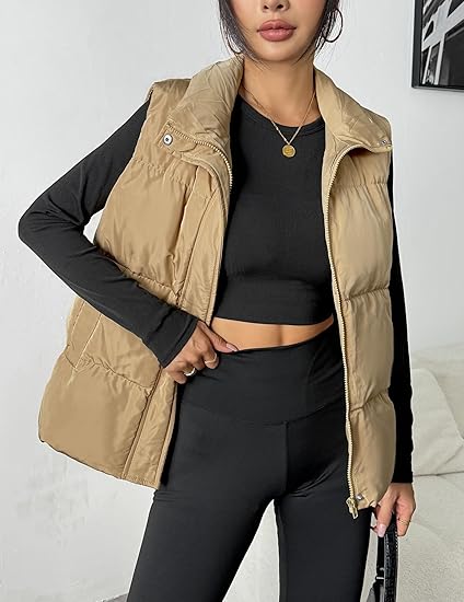 Women Puffer Vest Lightweight Stand Collar Sleeveless Zip Up Padded Outerwear Jackets