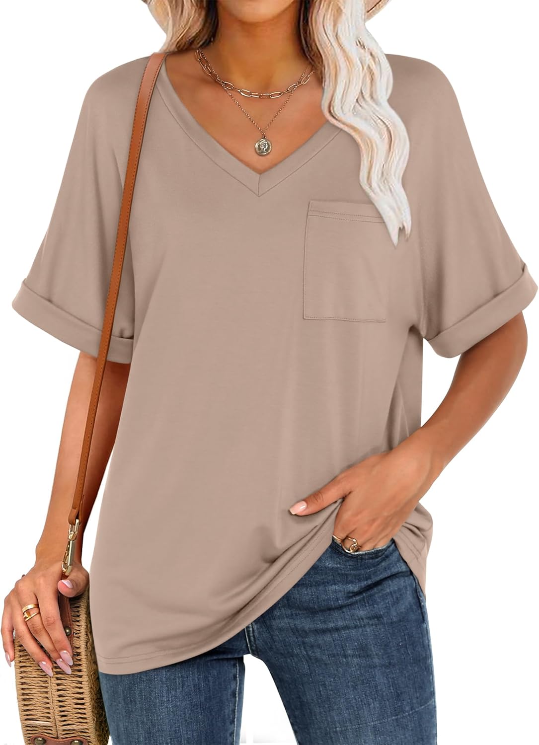 Women's Cute Oversized Short Sleeve Tops Basic Tee Shirts with Pocket