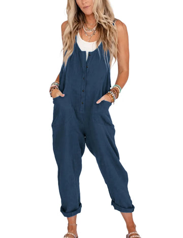 Women's Summer Loose Pocket Button Jumpsuit